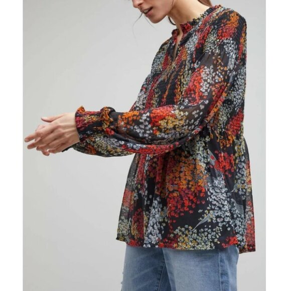 Anthropologie Floral Blouse Womens XS V-Neck Smocked Long Sleeve Relaxed Tunic - Picture 11 of 15